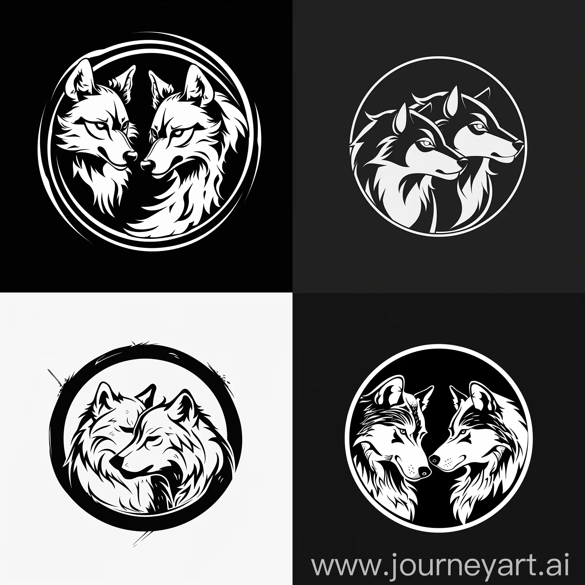 wolf business logo, 2d, 2 wolves in a circle black and white thick lines, minimalist