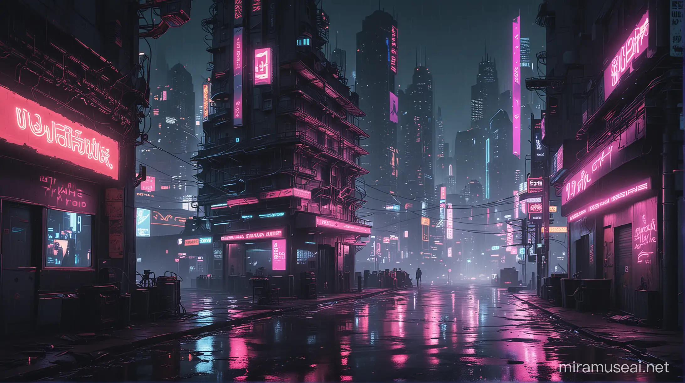 Vibrant Cyberpunk Cityscape with Neon Lights at Night