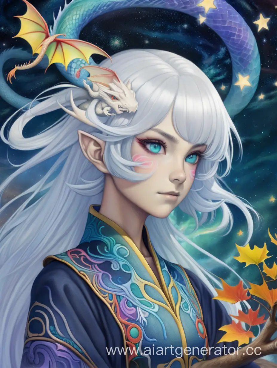 Dragon-lady with white hair and rainbow eyes, starry night, ginkgo branches