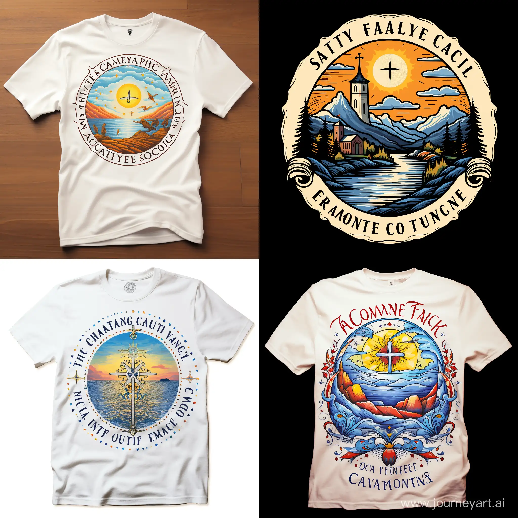"Craft a compelling and spiritually uplifting design for a Catholic Church mid-journey T-shirt that embodies the essence of faith, perseverance, and community. Consider incorporating symbols, quotes, or images that resonate with the journey of the Catholic faith, providing wearers with a meaningful and visually engaging representation of their ongoing spiritual voyage.