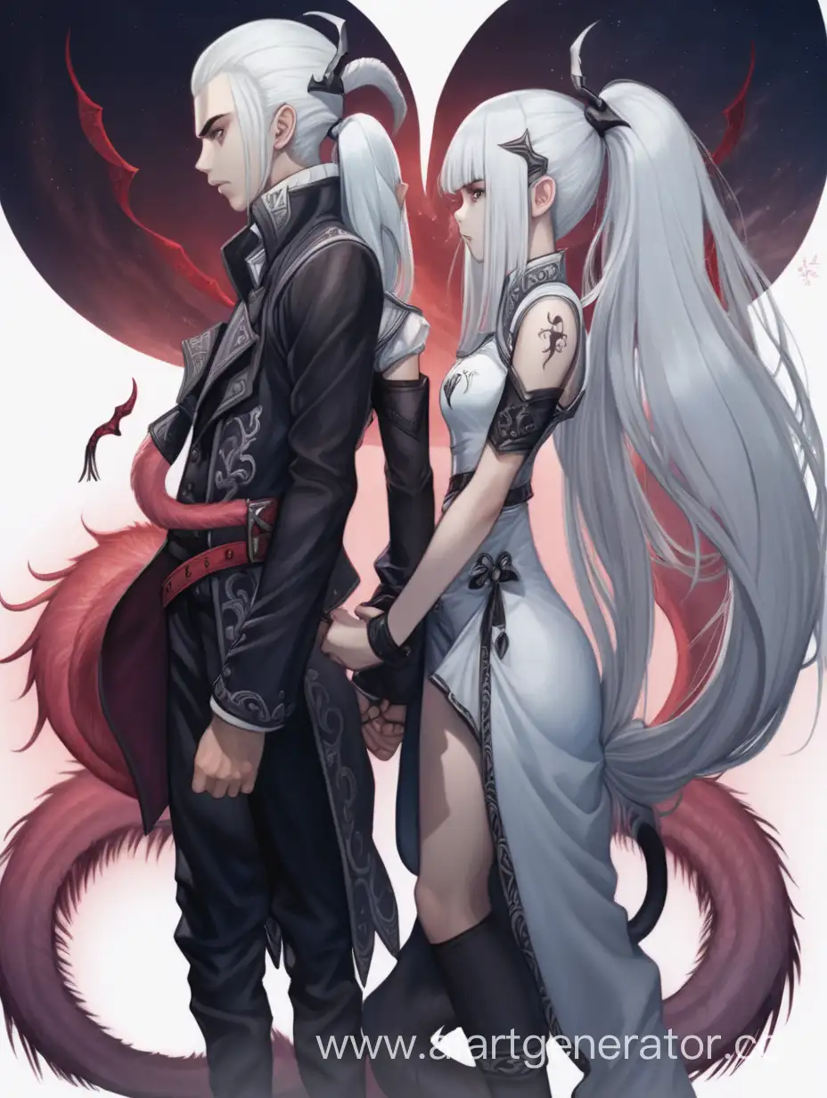 демоны двойняшки парень и девушка, с длинными хвостами, белыми волосами по плечи