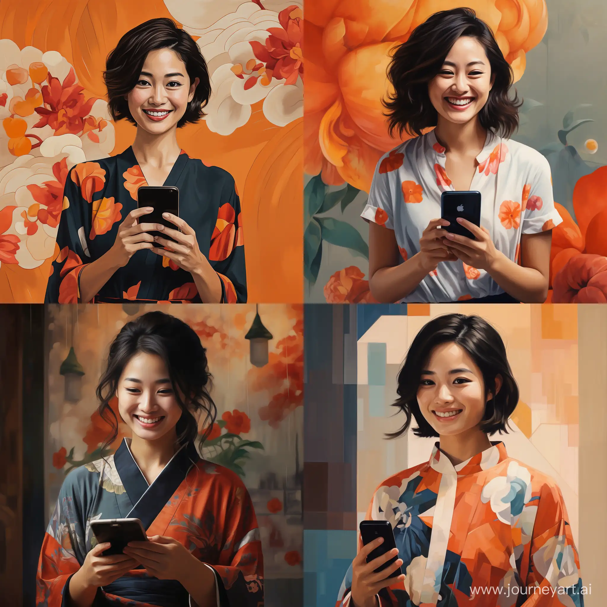 Japanese woman smiling and holding an iphone