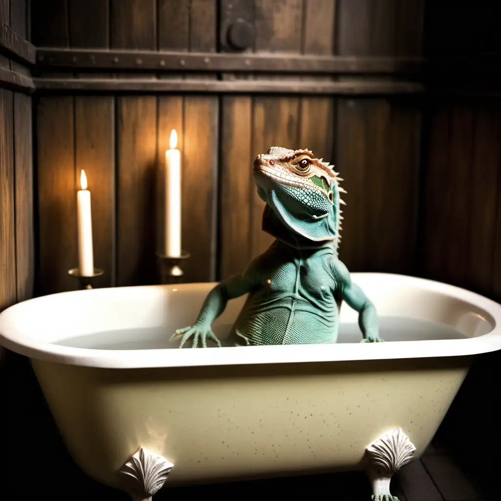 Vintage Bath Time HumanSized Lizard Relaxing in Candlelit Tub