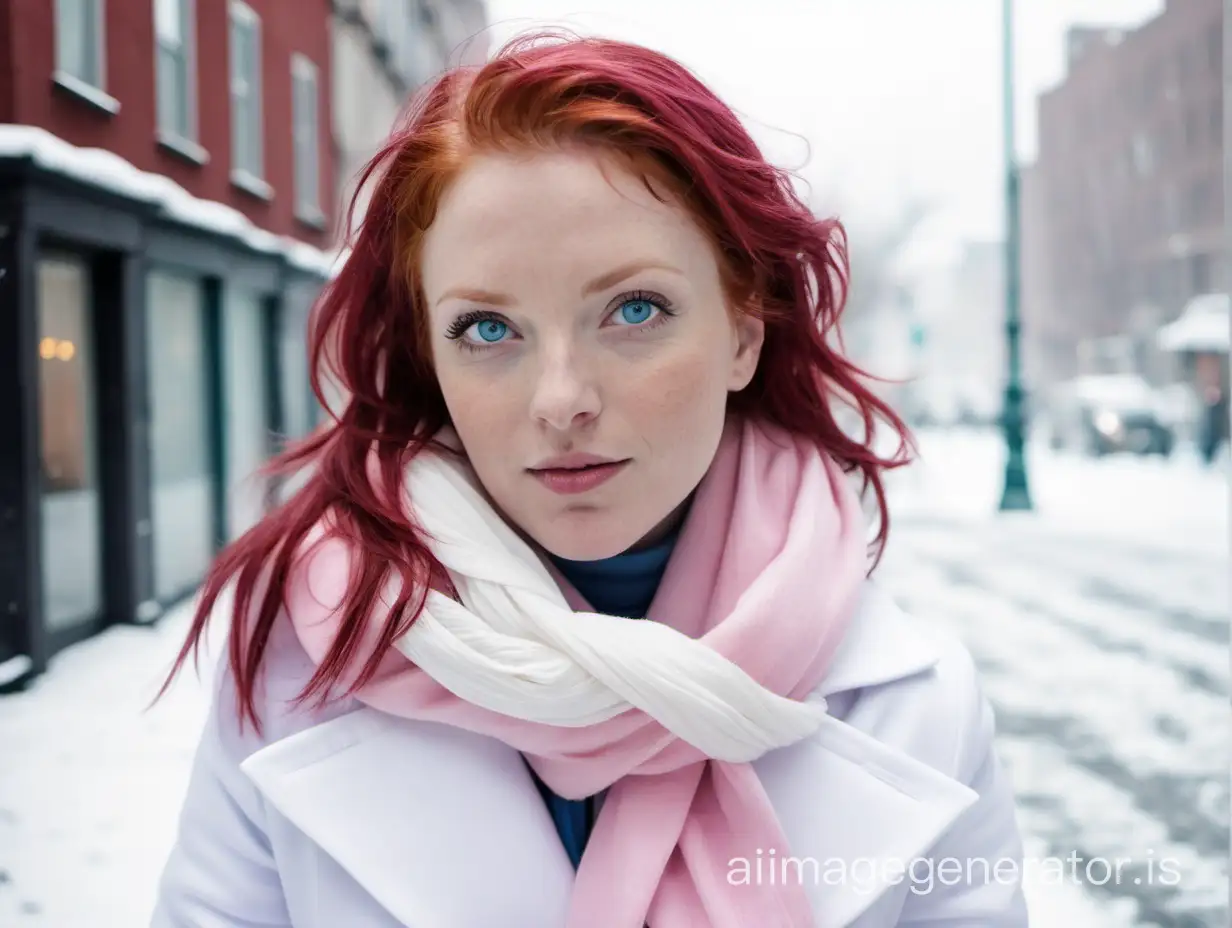 A woman with red hair and blue eyes, wearing a pink and white scarf and a white coat, stands in a snowy city street