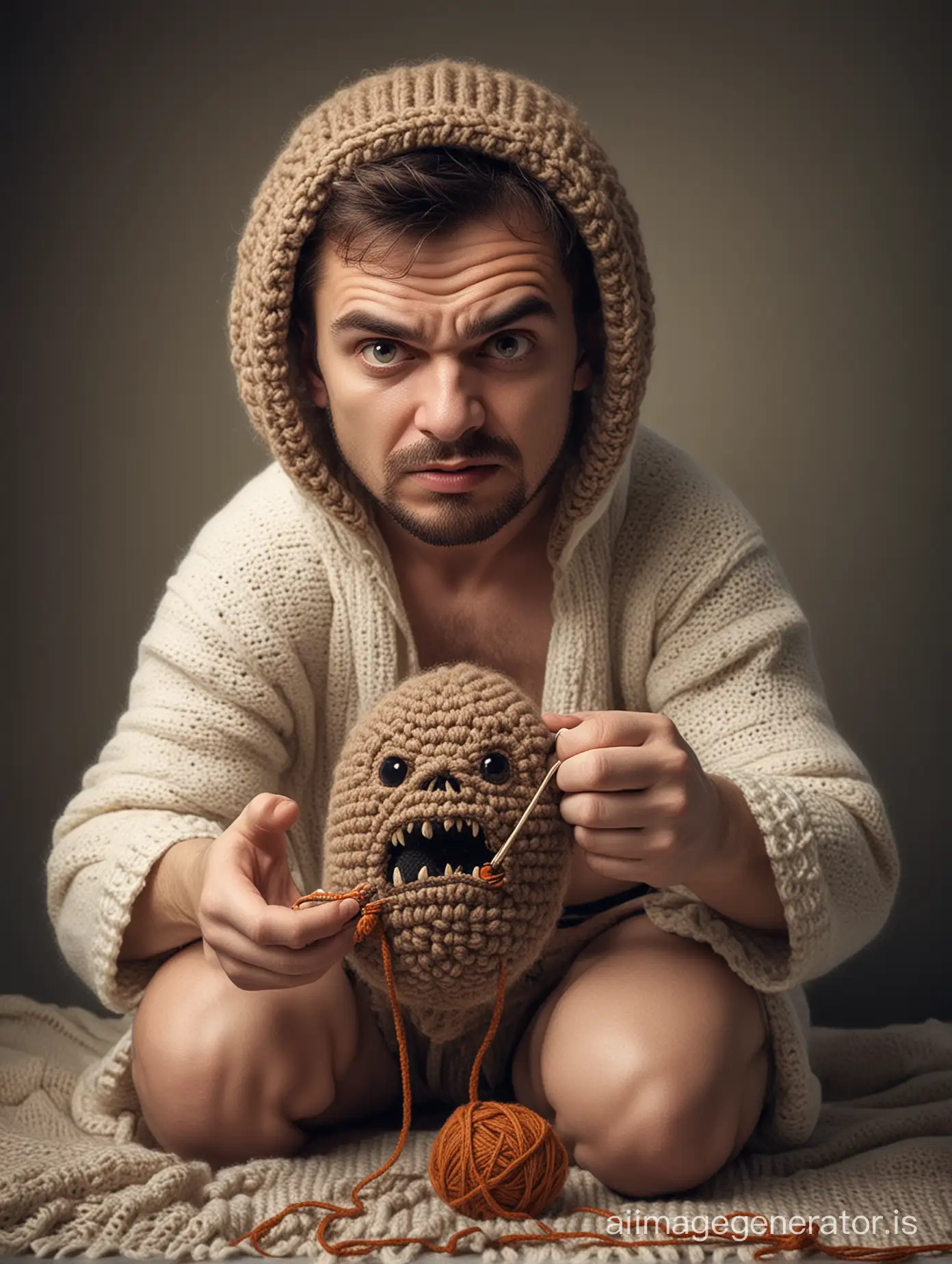 a scary russian guy crocheting something cute. Realistic photograph.