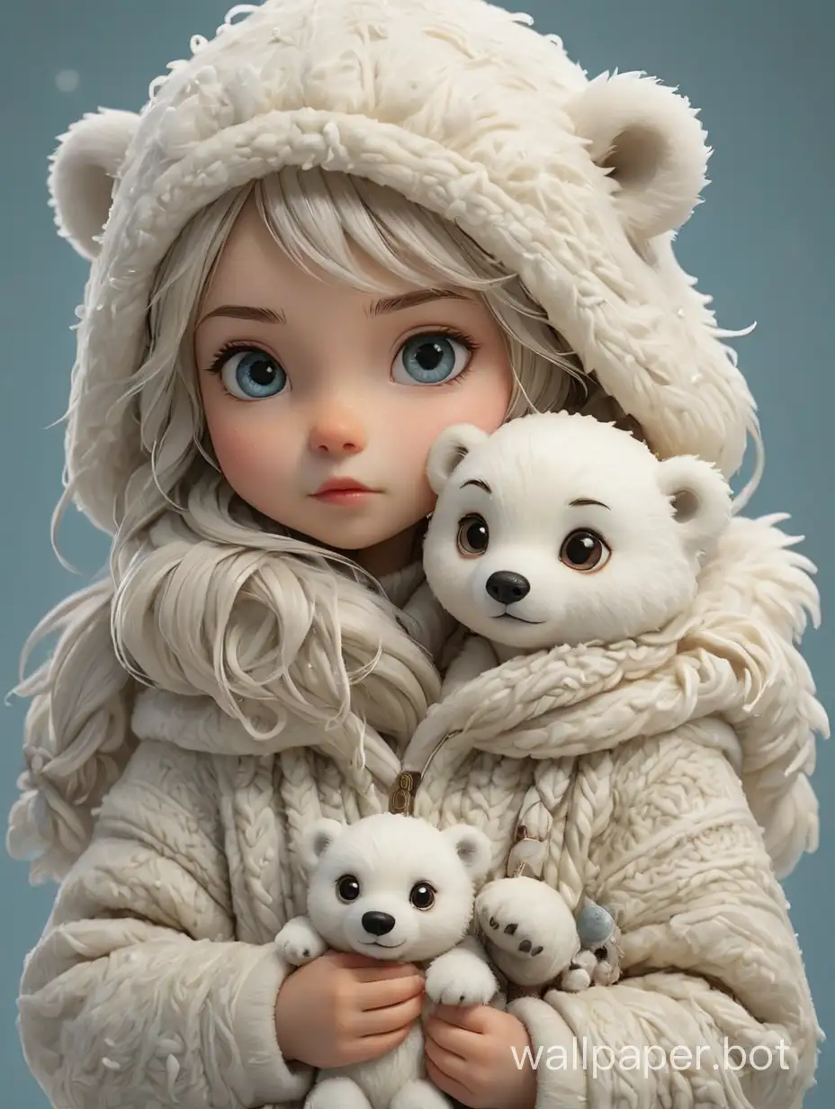 Girl with reflective wet eyes, wearing warm clothes, holding tiny (cute chibi polar bear doll) textile art, warm fabrics, intricate seams, handmade clothes, fur boots, full body character, side lighting, sharp, dynamic lighting, clear, sharp focus. 32k, styling by Mark Ryden, Alessio Albi, artistic intricate settings, intricate details.