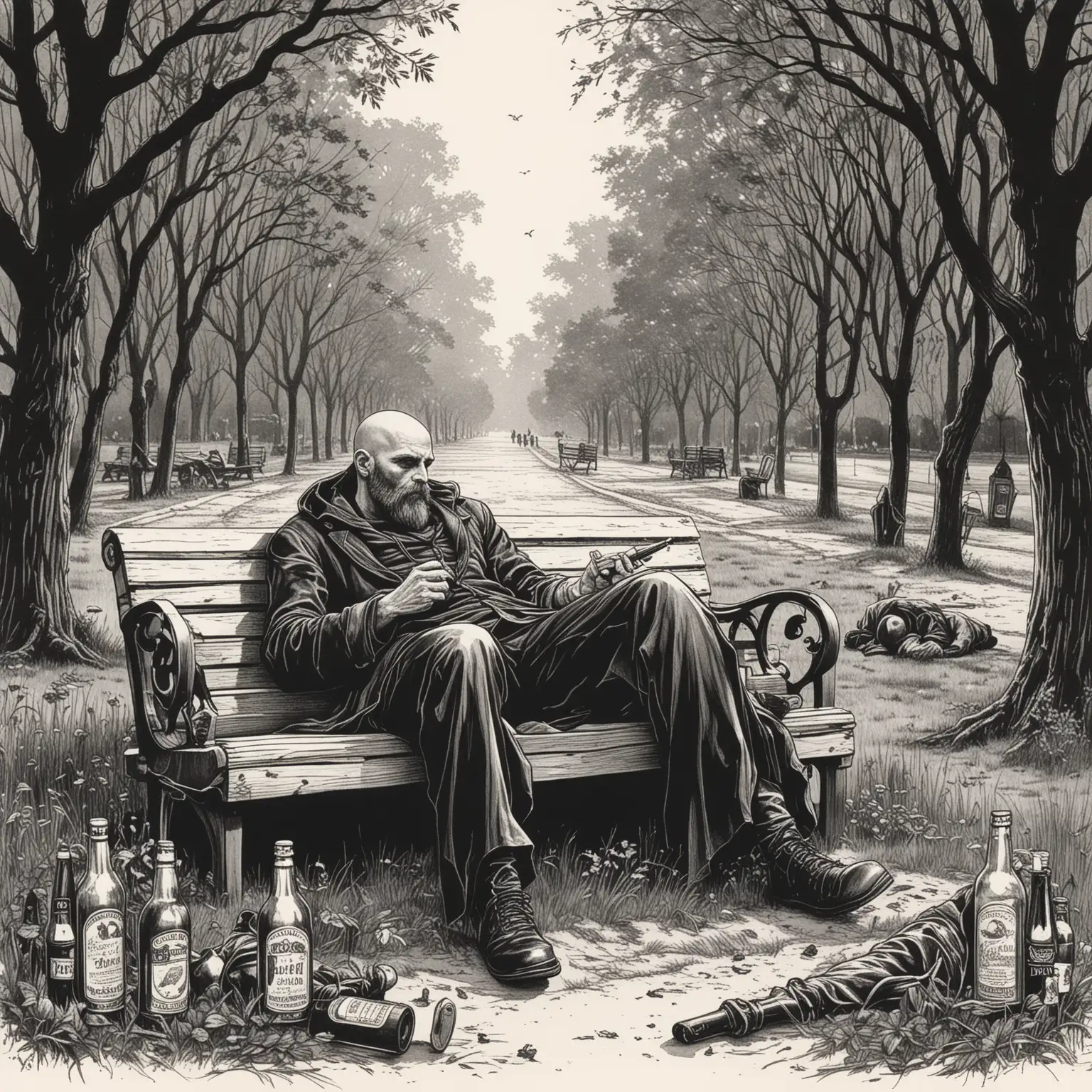 Bald man with a beard and the grim reaper sleeping on a bench in a park, beer bottles on the ground, album cover, fine liner black ink, silhouette