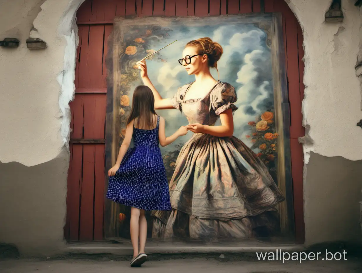 The girl in glasses in an amazing dress draws a splendid picture on the wall of an old house at full height