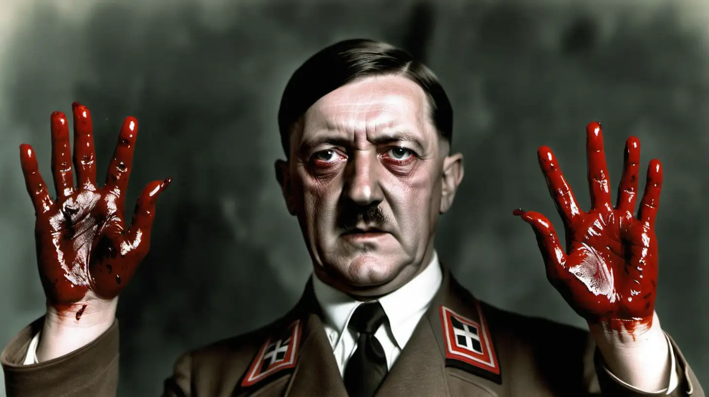 Adolf hitler mid portrait with his hands full of blood