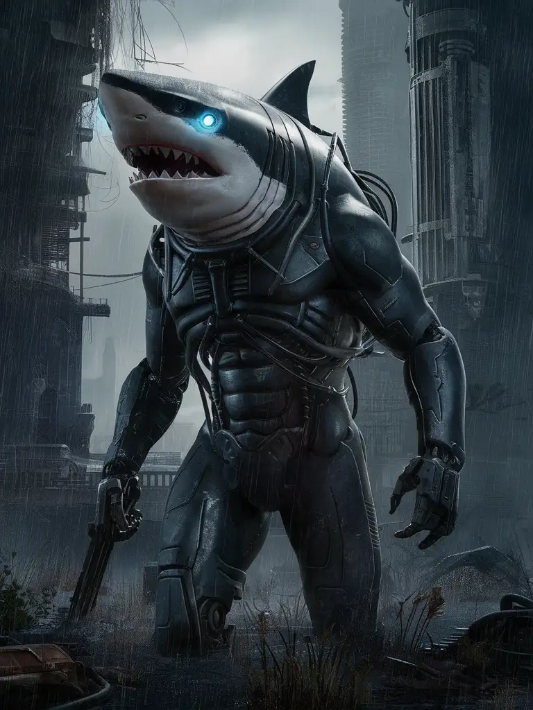 Cyborg shark warrior, monster mecha, fully robot exoskeleton, exposed hydraulics, matte black steelgrey, cold blue glowing eyes, dystopian post-apocalyptic post-cyberpunk landscape, dilapidated urban environment, crumbling skyscrapers, technological decay, wild overgrown vegetation, murky foggy haze heavy rain, metal gear solid style