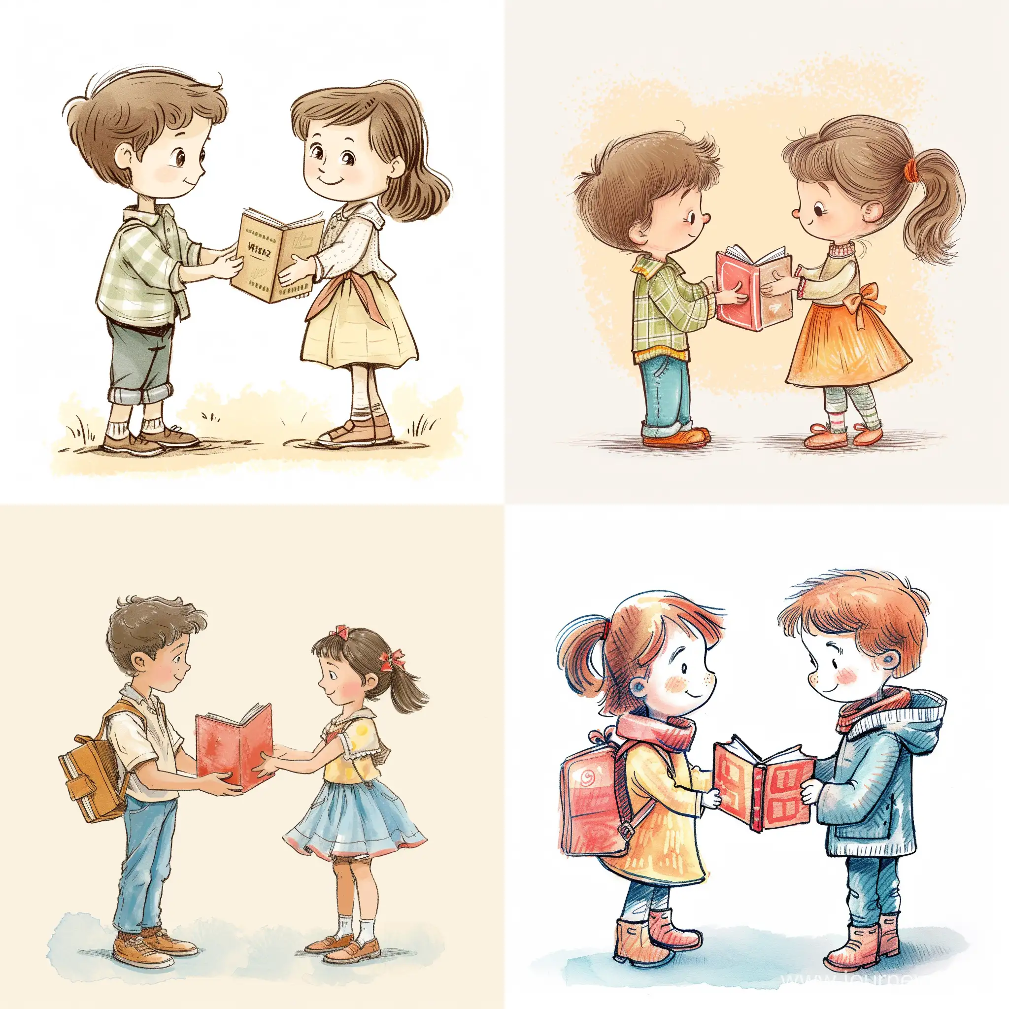 Heartwarming-Childrens-Illustration-Boy-Presents-Book-to-Girl