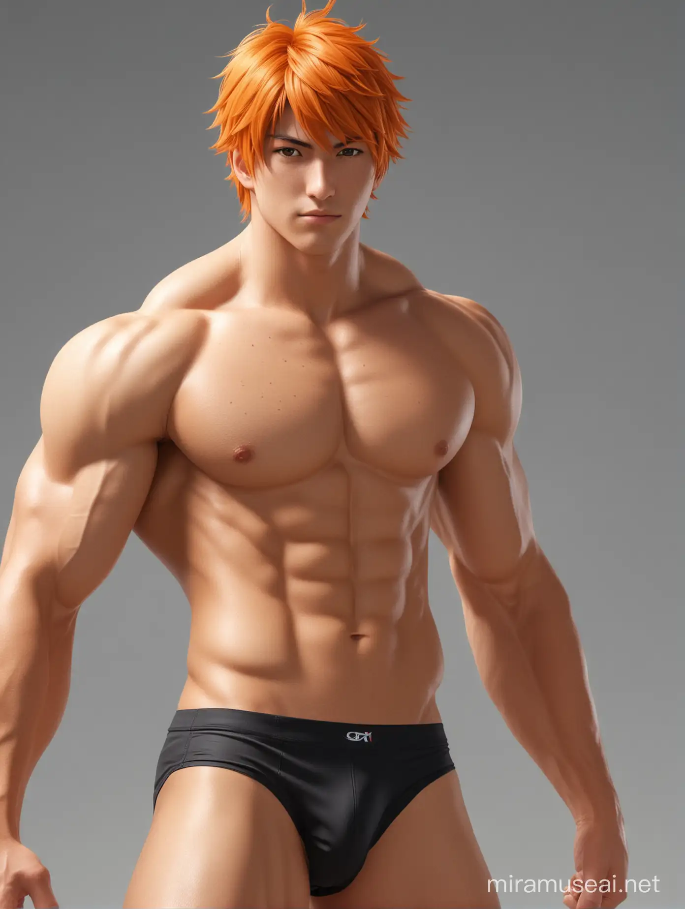 Full full body photorealistic ultra realism high definition aesthetic stabilized diffusion picture of handsome hunky fractal clean shaven hayate ichinosi as orange haired Ichigo..standing firmly face front camera focus.He is Volleyball player.