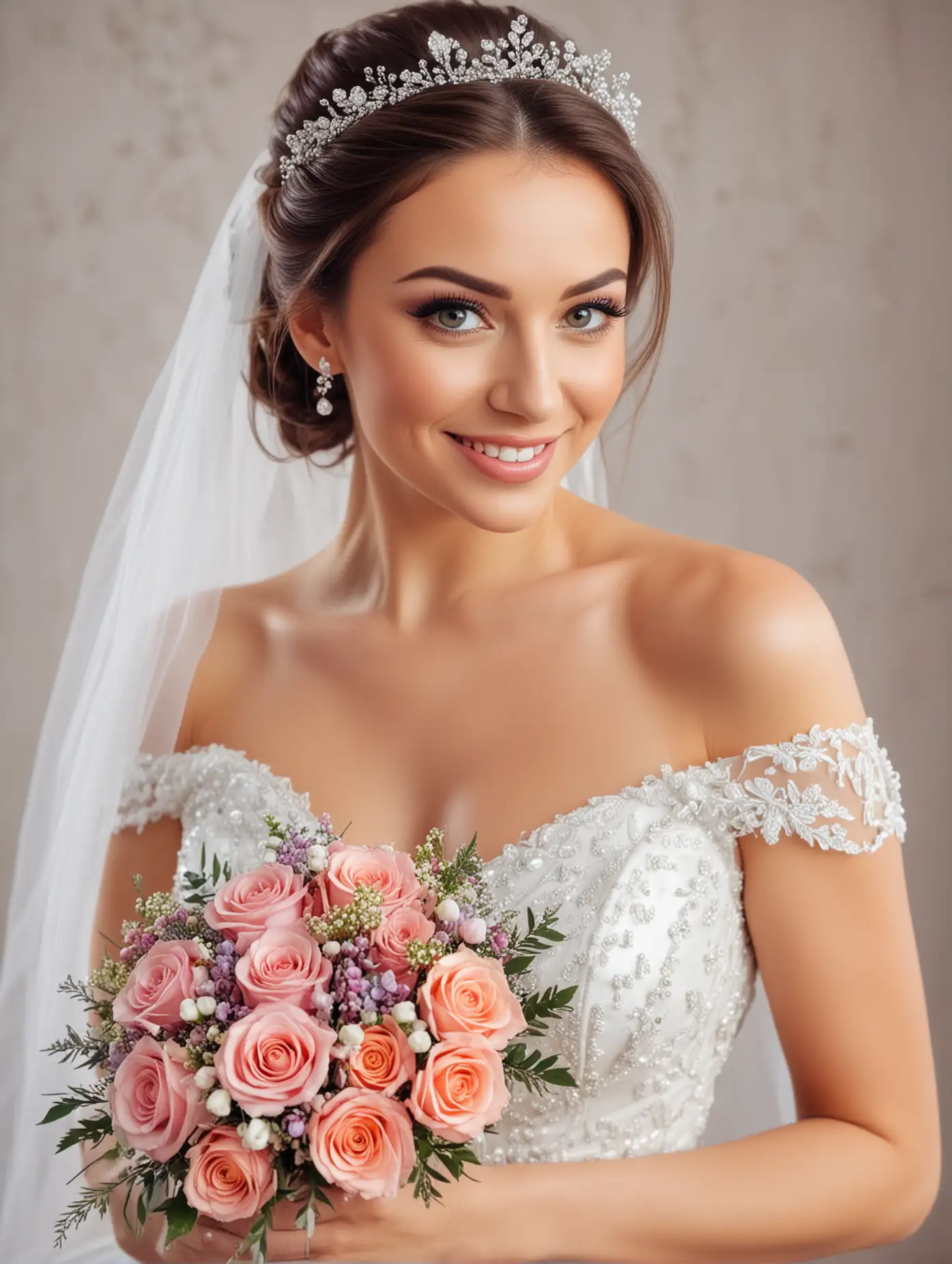 Beautiful bride with wedding bouquet, attractive woman in wedding dress. Happy newlywed woman. Bride with wedding makeup and hairstyle. Smiling bride. wedding day. Gorgeous bride. marry