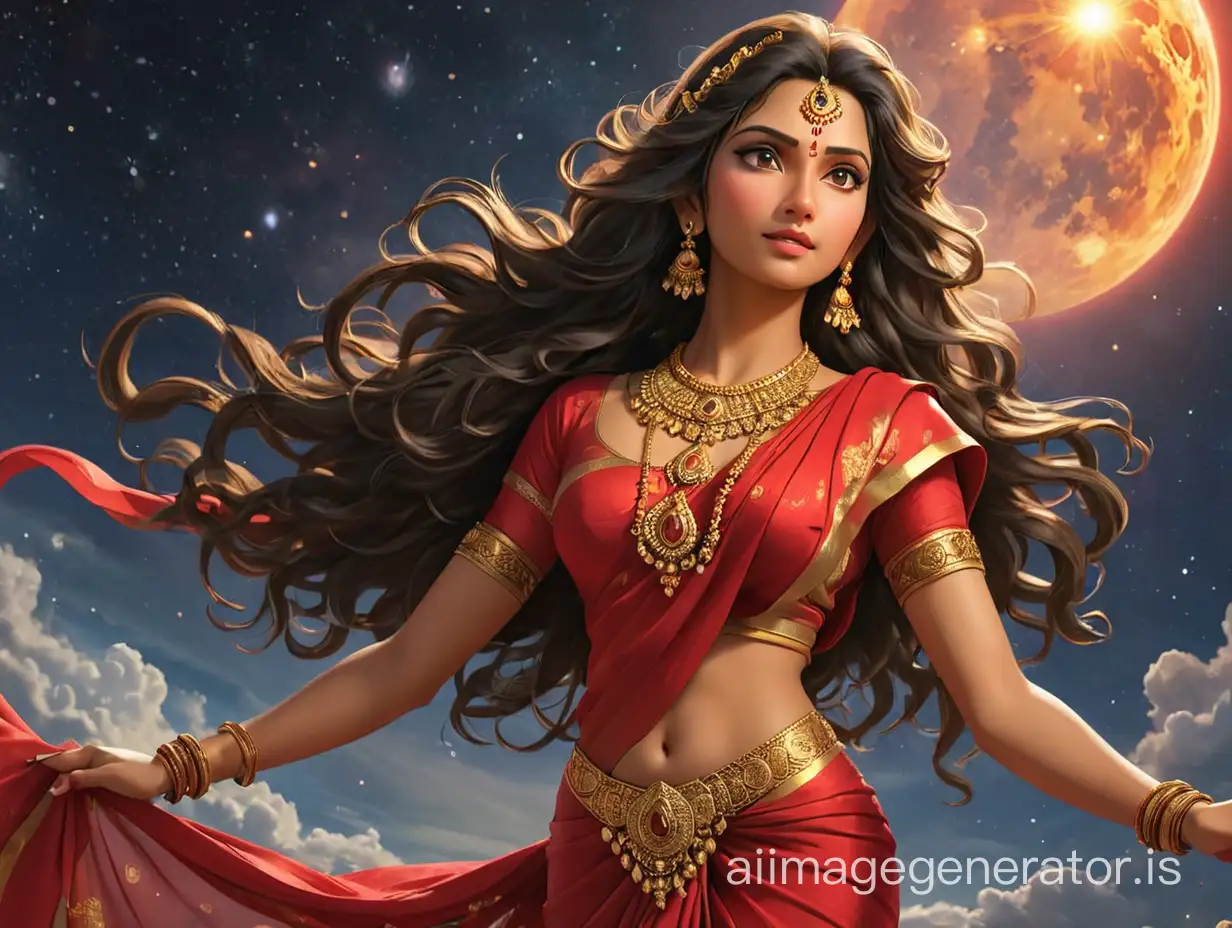 Goddess-Shakti-Adorned-in-Red-Saree-and-Gold-Jewelry-Overseeing-the-Cosmos
