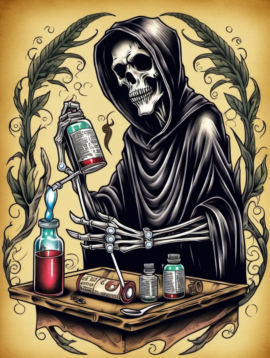 a hand drawn tattoo of a grim reaper serving up medicine to the people