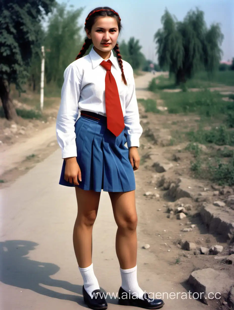 Soviet-Pioneer-Girl-in-Traditional-Uzbek-Attire-with-Red-Tie-and-Braids