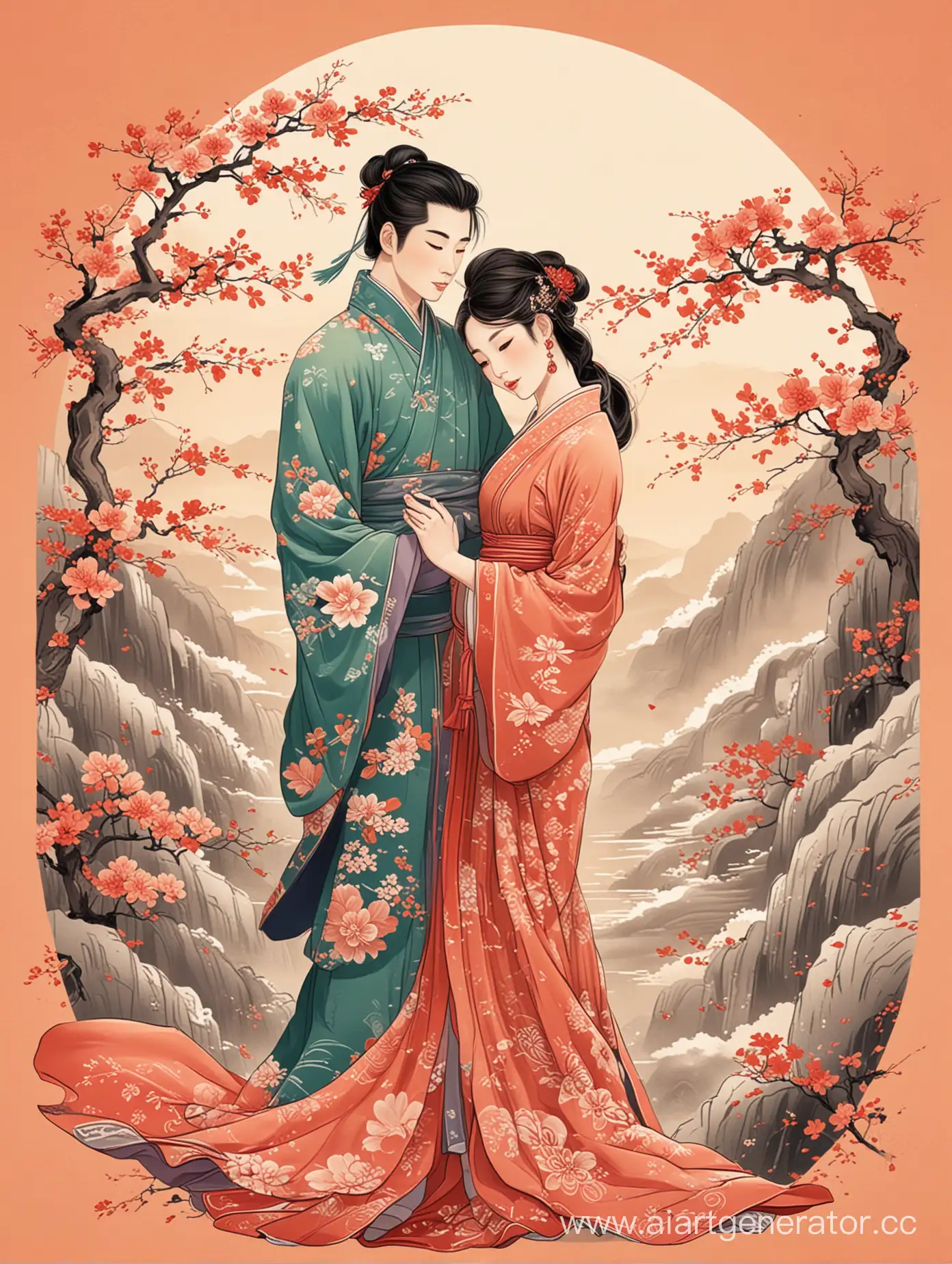 Азиатская пара обнимается в стиле китайской графики
