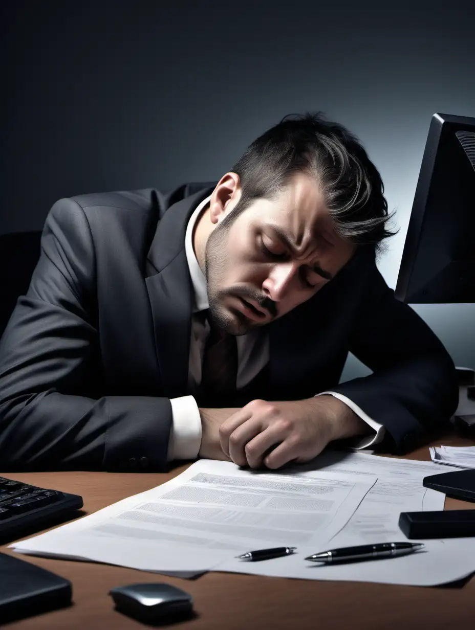 A hyper realistic photo of a really tired exhausted working man with a suit on falling to sleep on at his desk close up 