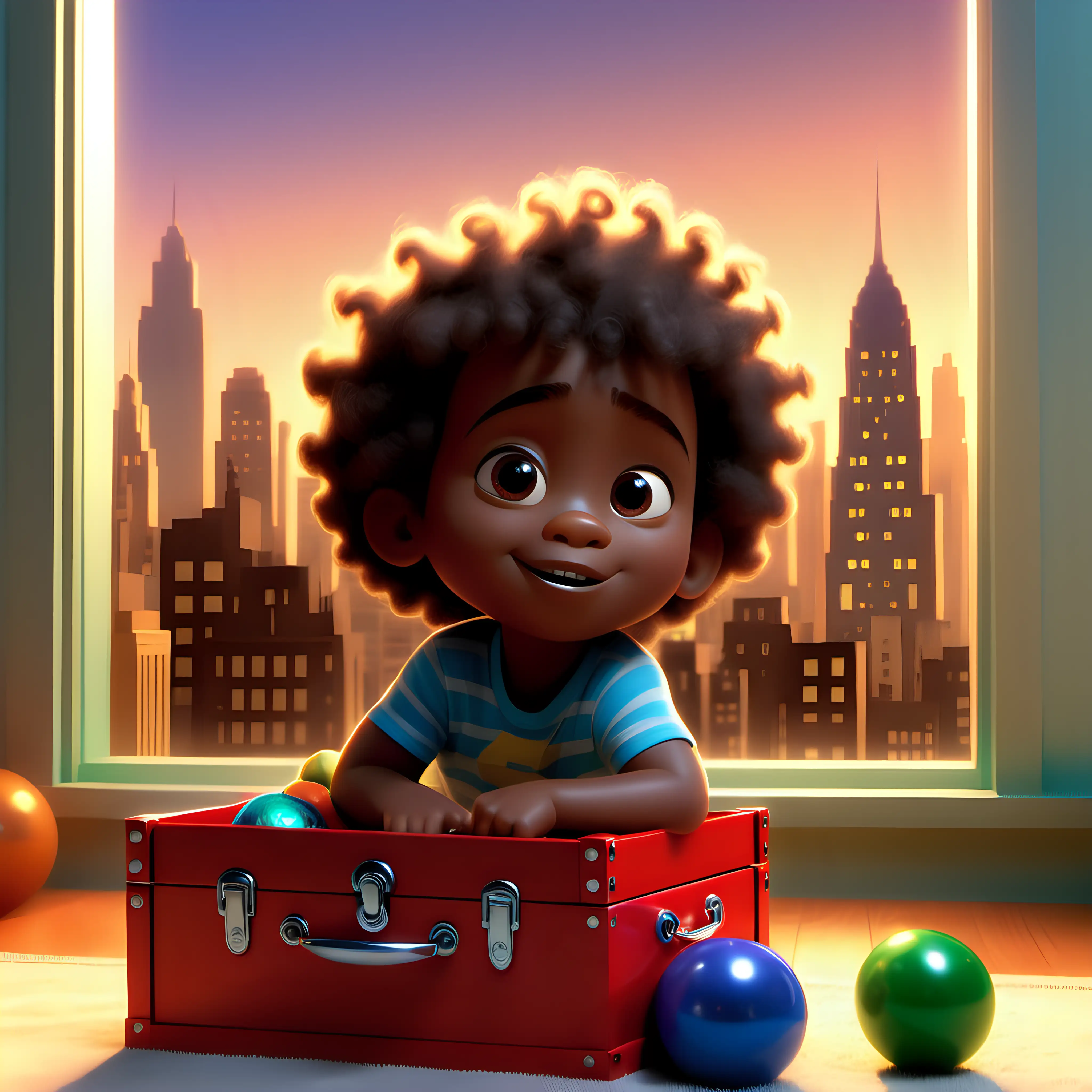 Prompt 1: African American boy named Amir with medium length curly hair aged 1 years old that lives in a big city and is gifted a shiny magical toy chest as an early gift for his 2nd birthday that’s 3 months away that’s takes him on an adventure into a toy land where he discovers he has super powers, In his play room at his home in a big city, Pixar 3D  Prompt 2: African American boy named Amir with medium length curly hair aged 1 years old that lives in a big city and is gifted a shiny magical toy chest as an early gift for his 2nd birthday that’s 3 months away that’s takes him on an adventure into a toy land where he discovers he has super powers, Sitting in a sunlit playroom surrounded by towering skyscrapers visible through a large window, With the golden light of sunset filling the room, Pixar 3D  Prompt 3: African American boy named Amir with medium length curly hair aged 1 years old that lives in a big city and is gifted a shiny magical toy chest as an early gift for his 2nd birthday that’s 3 months away that’s takes him on an adventure into a toy land where he discovers he has super powers, In a cozy corner of his playroom, under a stream of morning light coming through a high-rise apartment window, Morning, Pixar 3D  Prompt 4: African American boy named Amir with medium length curly hair aged 1 years old that lives in a big city and is gifted a shiny magical toy chest as an early gift for his 2nd birthday that’s 3 months away that’s takes him on an adventure into a toy land where he discovers he has super powers, In the middle of his cluttered, toy-filled playroom, with a view of the bustling city night through his window, Night, Pixar 3D