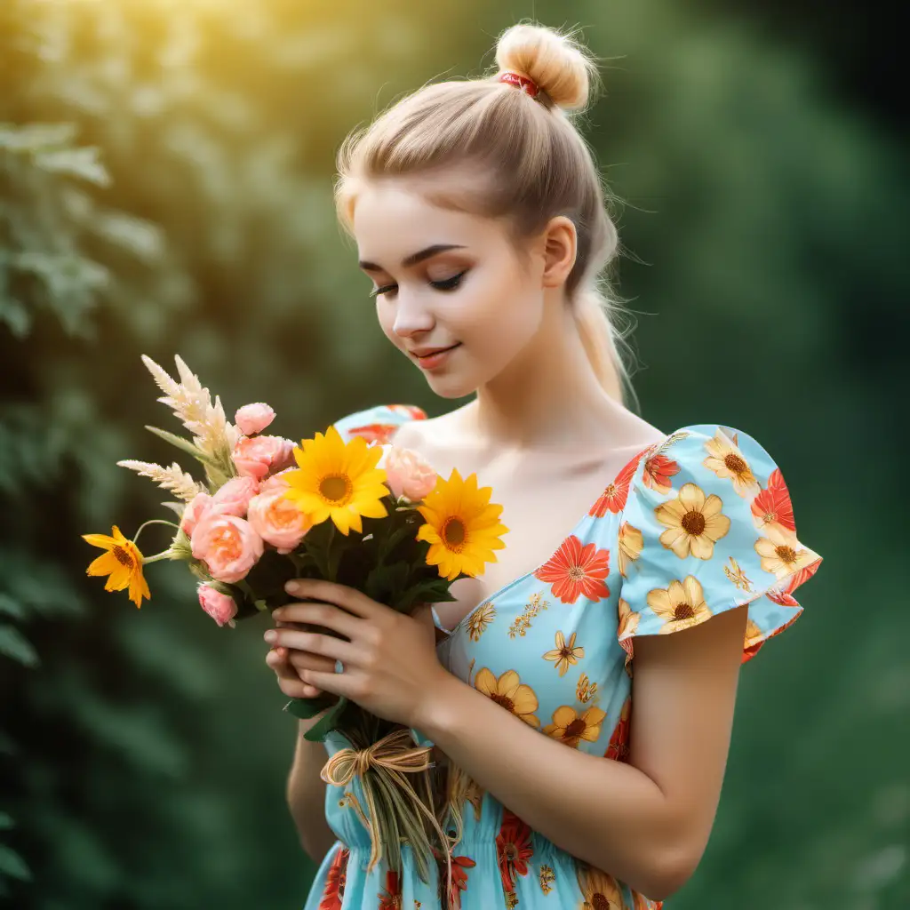 summergirl with golden ponytail in cute summerdress and summerflowers in hands