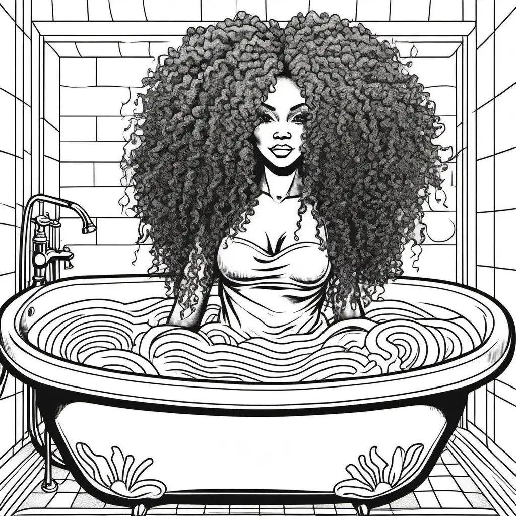 black and white coloring page of a lady with kinky hair  in bathtub  line art 