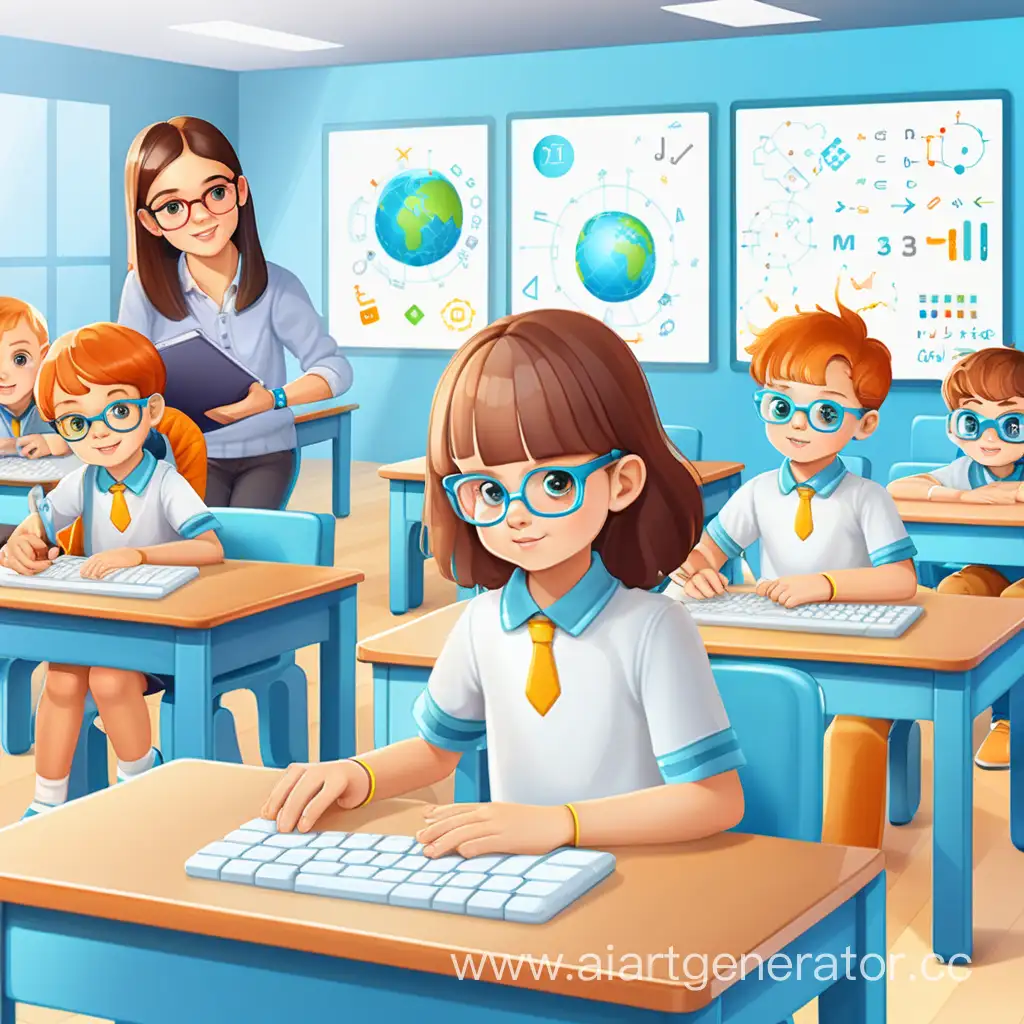 дети занимаются программированием в кабинете вместе с учителем, светлый кабинет, оснащен новыми технологиями 