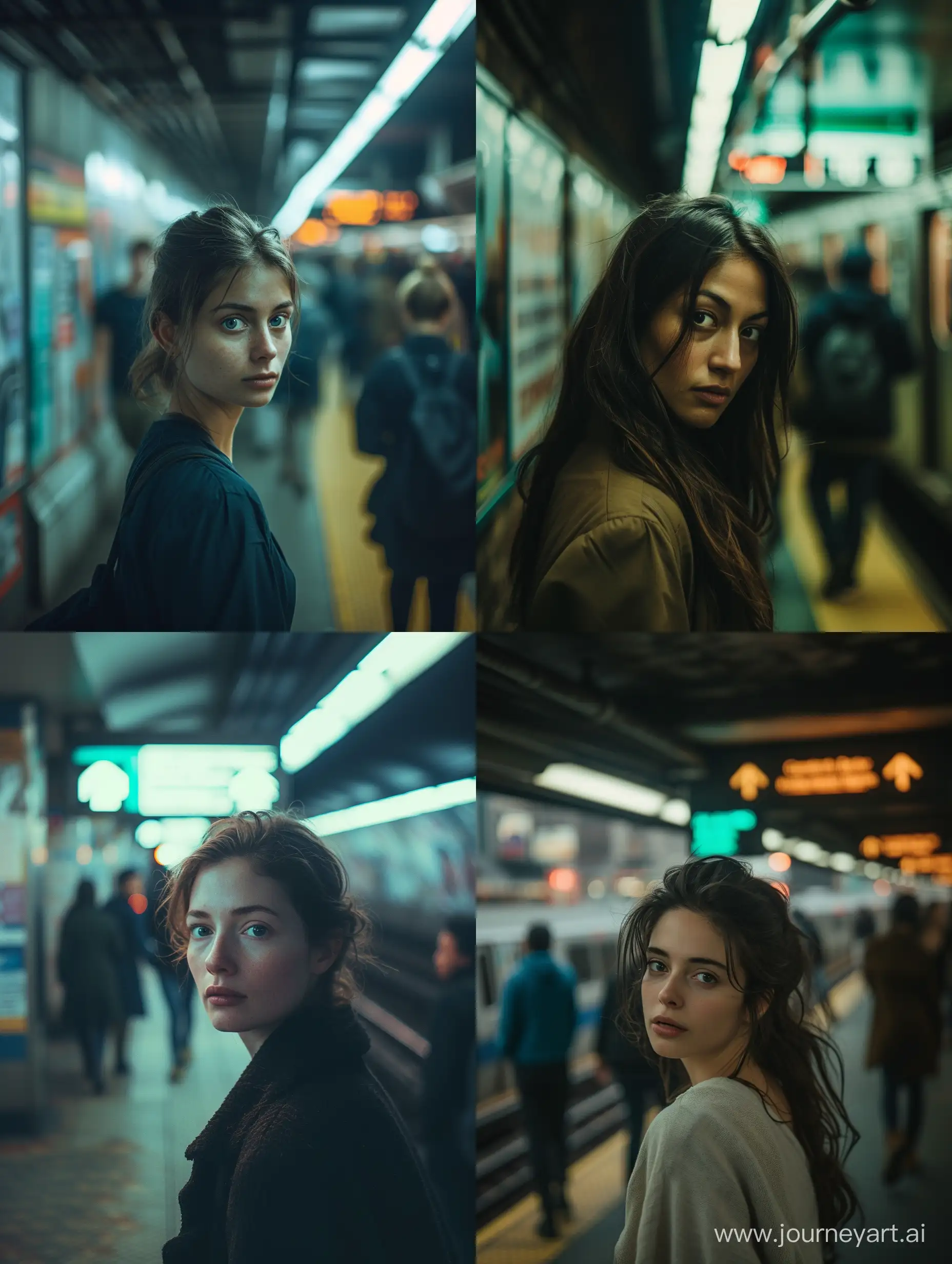 A cinematic composition of a woman in a subway station, arranged according to the golden ratio. The color scheme is stable and subdued, contributing to a tranquil atmosphere. The woman is gazing into the camera with a sad and contemplative expression, reflecting a sense of melancholy amidst the urban setting. The background is a softened blur of commuters and subway signage, capturing the essence of city life. Soft lighting gently highlights the woman's features.