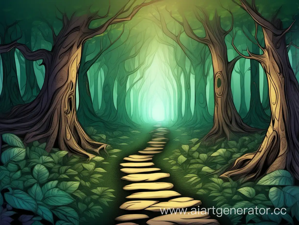 Тропа посреди леса нарисованная в фэнтэзи стиле