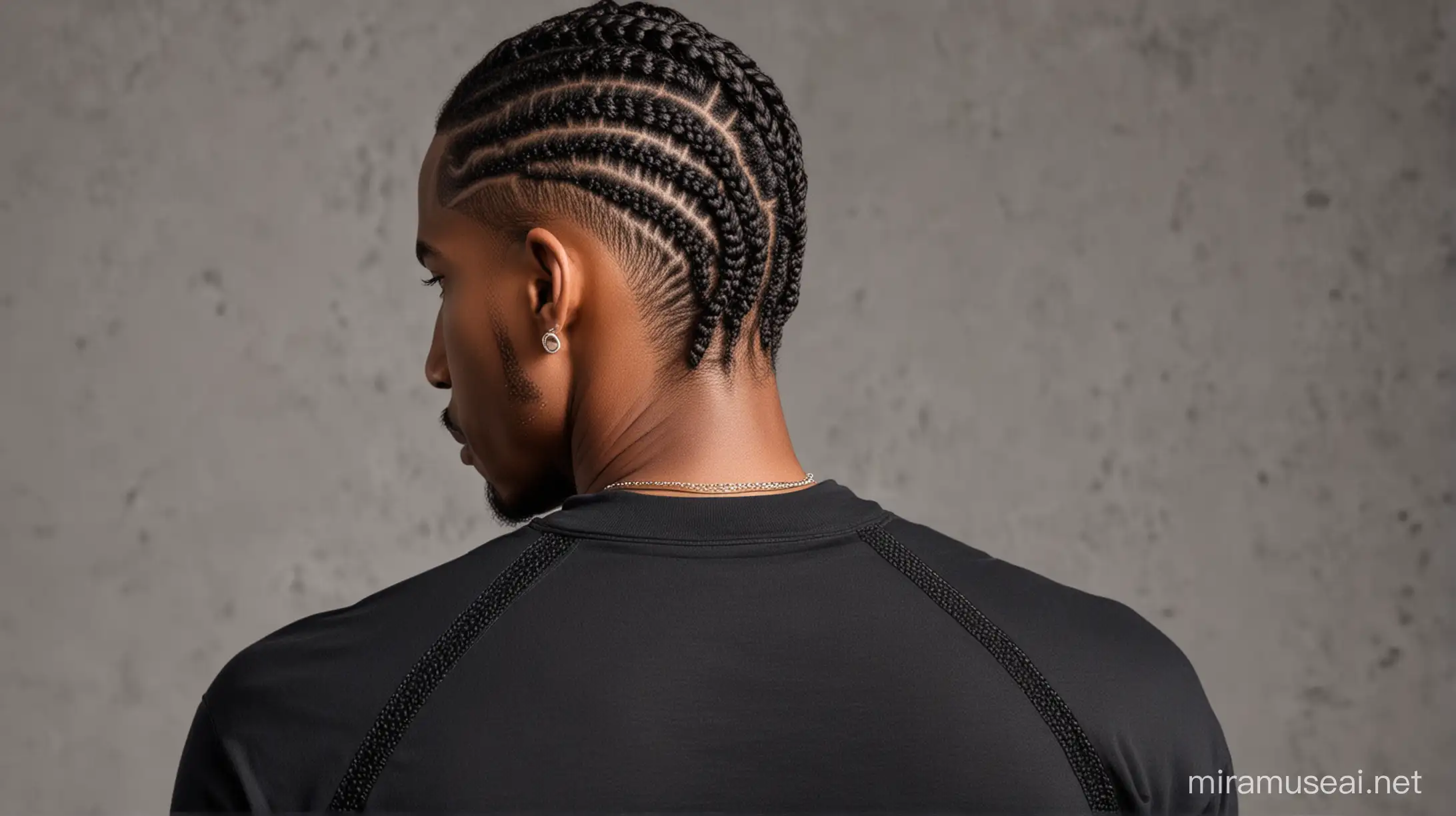black man model with cornrow braids with his back to the camera with a plain black crewneck on