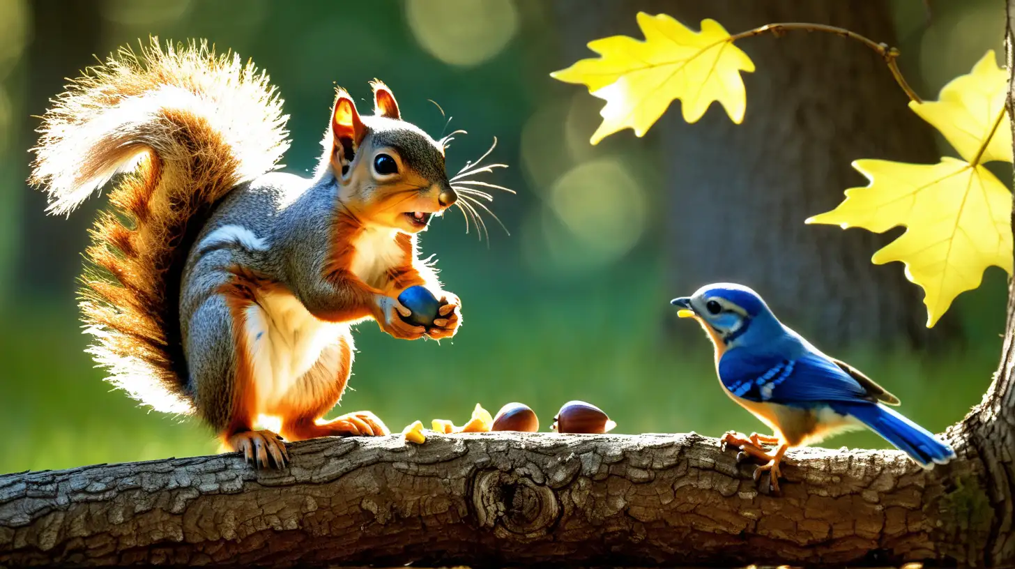 Playful squirrel, holding nut, oak trees, forest, blue bird watching, dramatic light
