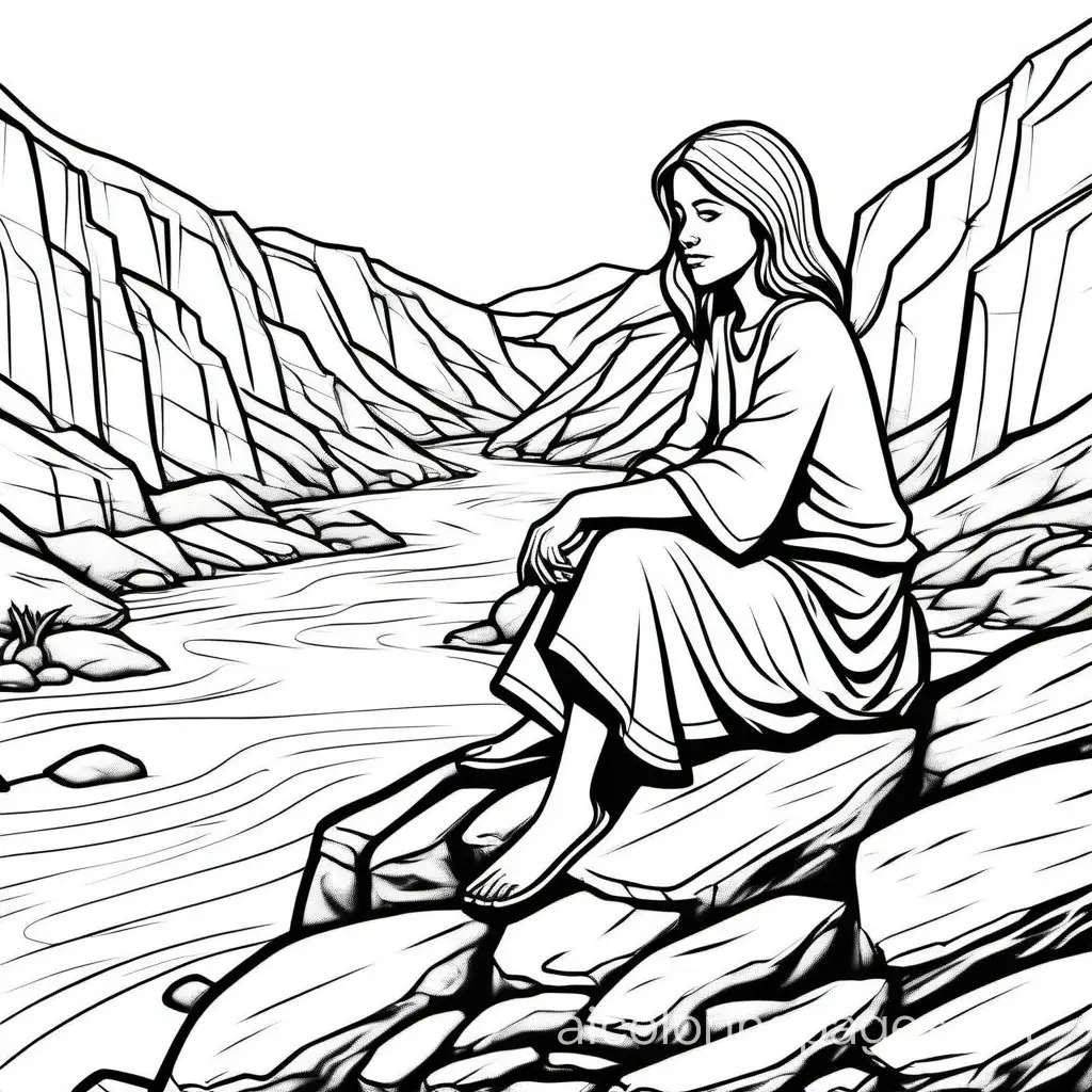 Woman sitting on a rock in a dry river, Coloring Page, black and white, line art, white background, Simplicity, Ample White Space. The background of the coloring page is plain white to make it easy for young children to color within the lines. The outlines of all the subjects are easy to distinguish, making it simple for kids to color without too much difficulty