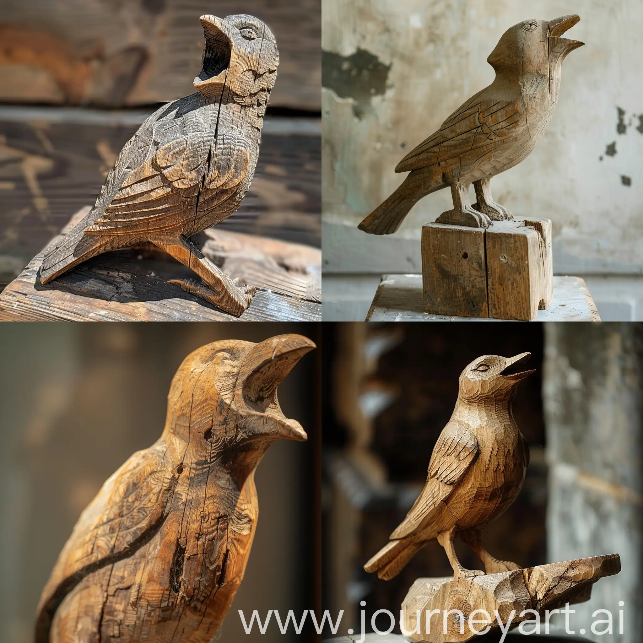 Wooden statue of a singing bird made for a grave, carved in wood but badly, bad craft, broken.