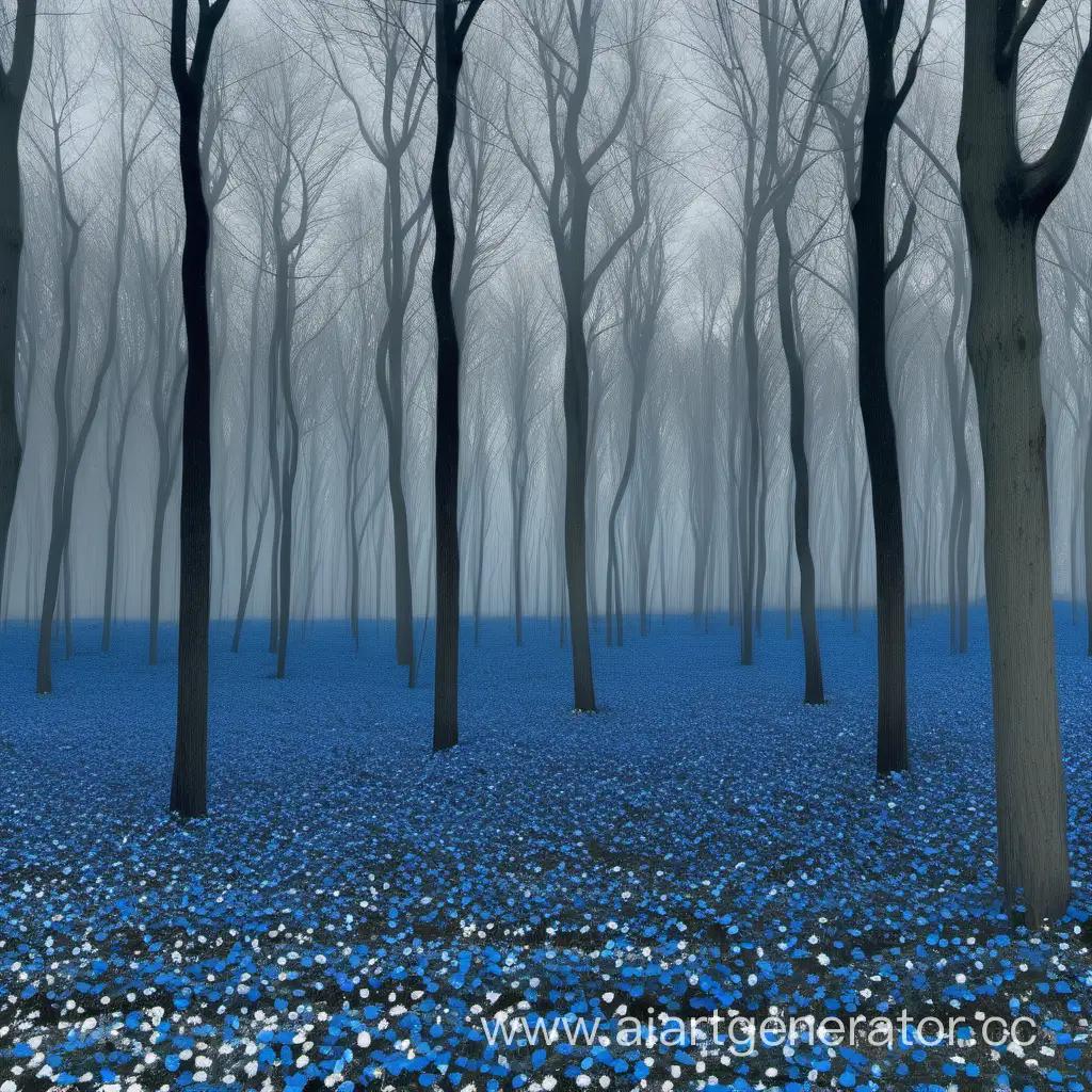 Зимняя опушка окружённая тонкими высокими деревьями где находятся кусты голубых роз