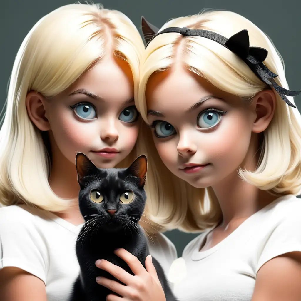 two blonde girls and a black cat