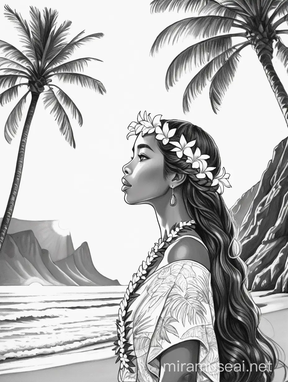 Draw me a black and white picture of a Hawaiian dancer with long wavy hair and an exotic look on her face as she looks up toward the sun. white background. Mountains and palm trees. She has a flower crown on her head made of plumerias. she is wearing a lei around her neck and she is not wearing earrings. Her skin is soft and light and her eyes are dark. She is in a soulful pose at the shoreline toward the ocean.
