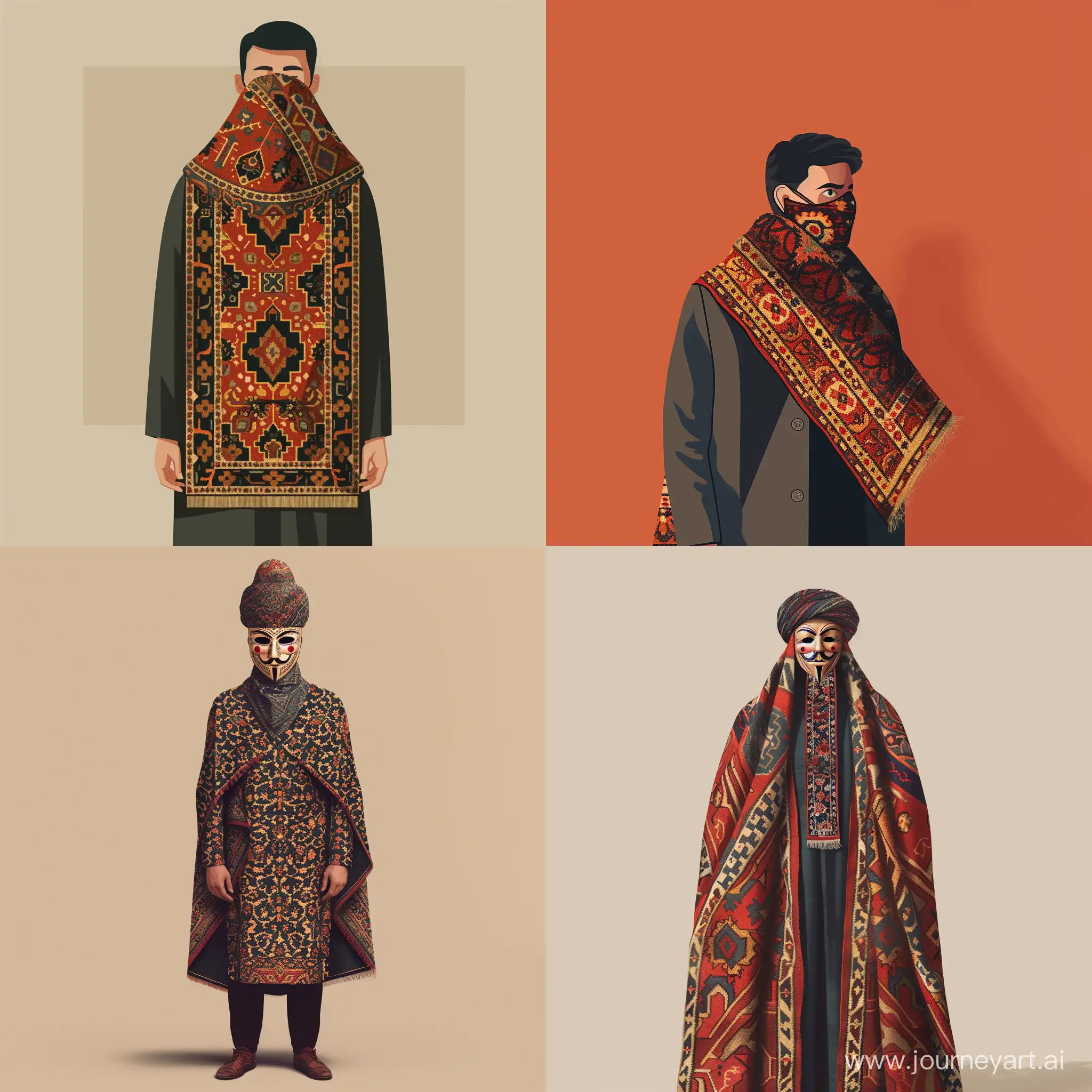 Male with Turkish carpet outfit with mask of Turkish carpet Kodak minimalistic realistic flat background 