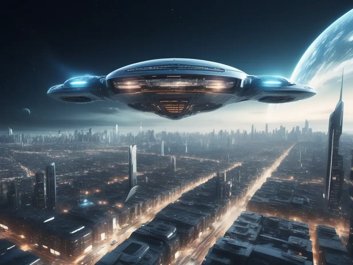 Futuristic Cityscape HighResolution Spaceship Hovering Above Urban Lights