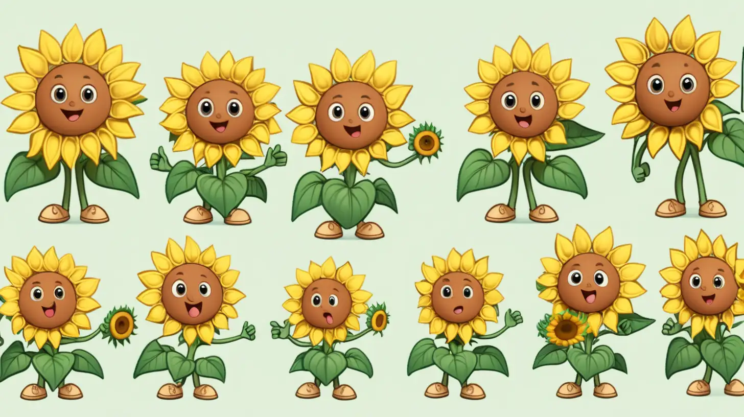 imagine an adorable sunflower cartoon character that has a sunflower head and green toddler body with leaves as hands, the feet should be human like. create a character sheet so that it is easy to use in an animation software