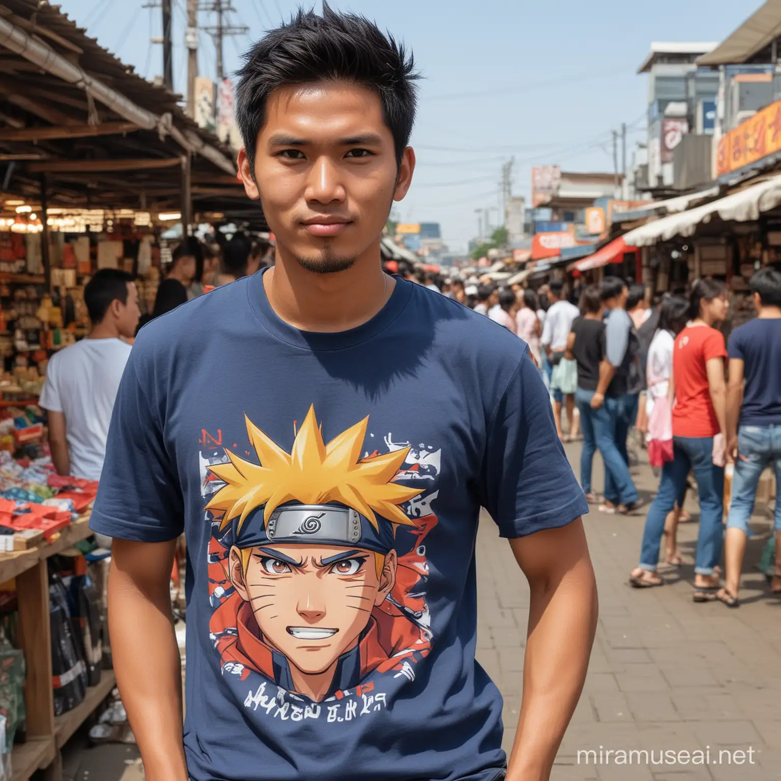 Friendly Indonesian Man in Naruto TShirt at Traditional Market