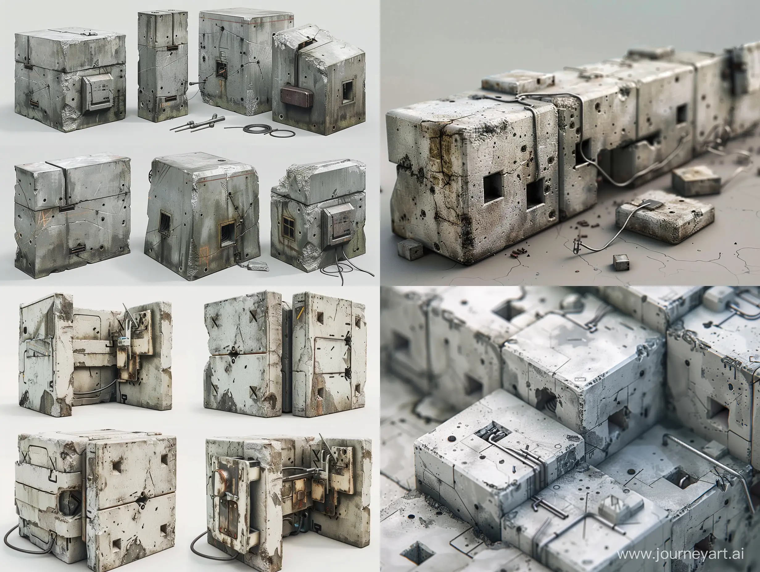 a tile set of sprites for 2d platformer. side view. concrete blocks are pieces of industrial ruins. steel parts, small wires, sprite map.minimalism. post-apocalypse, brutalism. 8k. photorealism, unreal engine