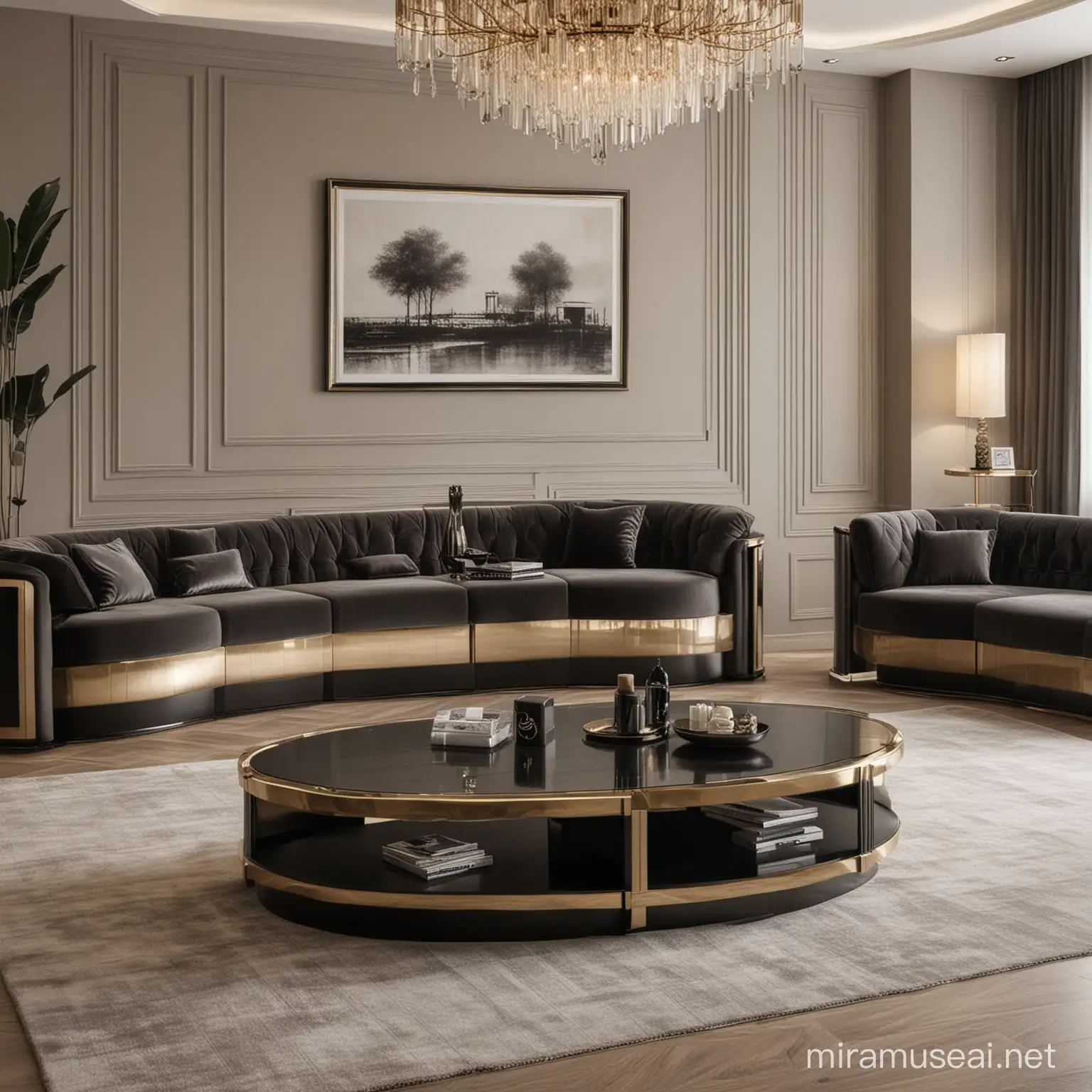 Luxury Oval Living Room Furniture Set in Black