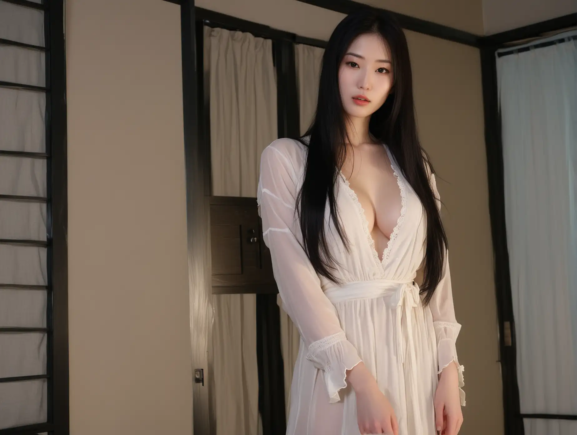 Hasshaku-sama, menacingly (tall:1.6) (pale:1.6) voluptuous Japanese woman, deceptively beautiful, long straight black hair, soulless eyes, eyes half closed, lustful gaze, soft flattering white summer dress, (large:1.3) (natural:1.1) breasts, wide hips, thick thighs, (standing over viewer:1.5), seductive, dominant, spacious Japanese bedroom with sliding doors, (night time:1.5), (dark room:1.5), interiors and décor are both traditional and contemporary,

(horror:1.5), (low angle:1.5), highly detailed, random details, imperfection, detailed face, detailed body, detailed skin textures, skin pores, detailed colours hues tones patterns,