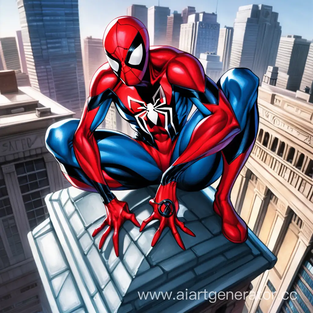 Ben Reilly Scarlet Spider sits high on the edge of the roof of a city building and looks down at us, the view from below