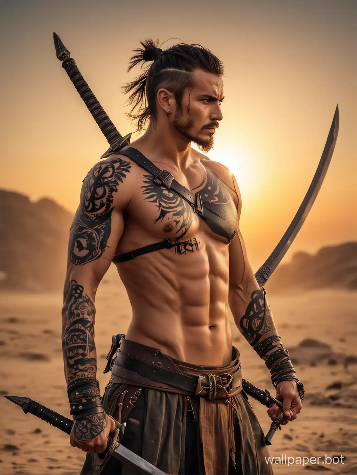 A warrior fighting with two swords and has a tatoo on chest in sunset