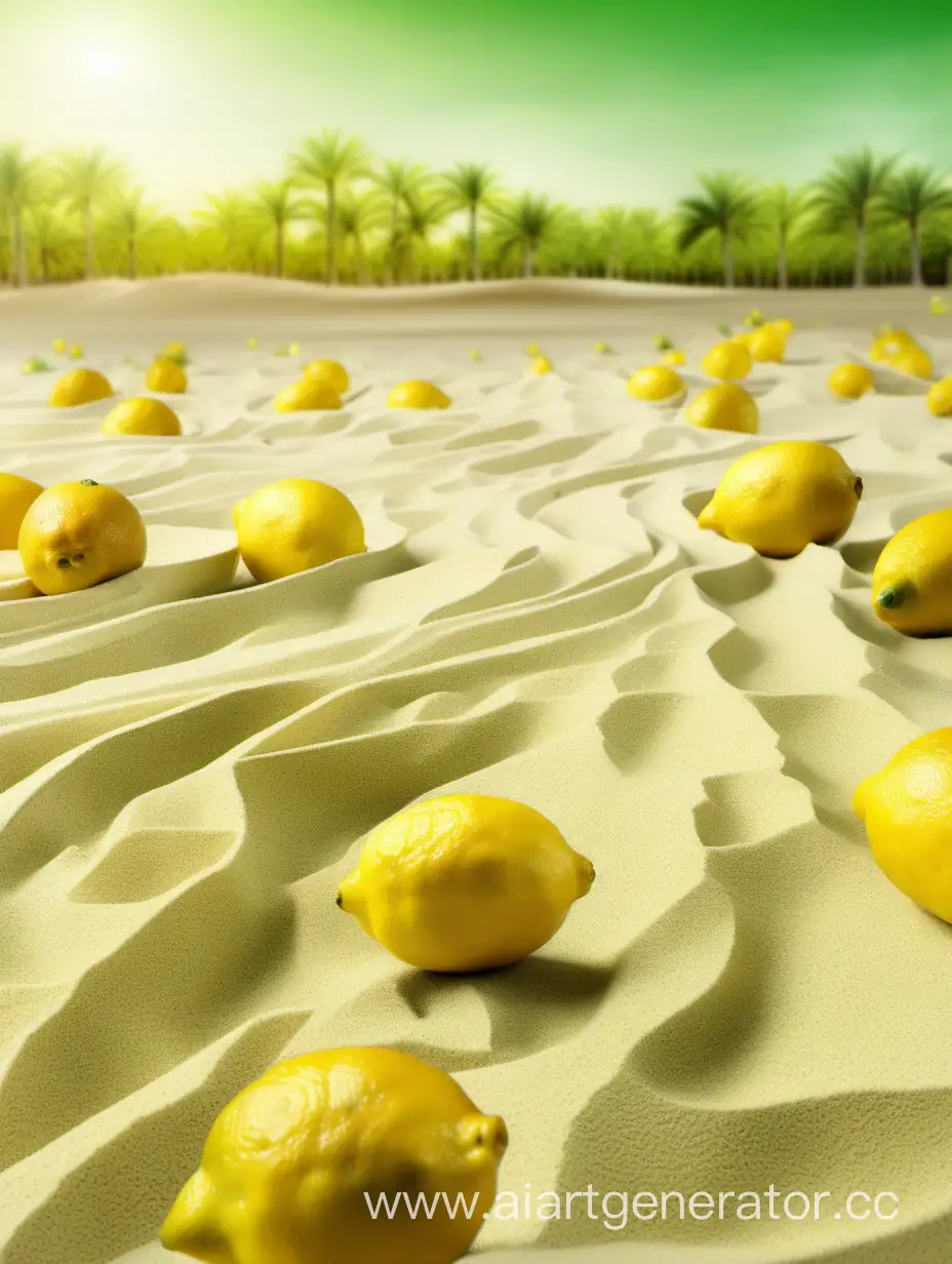 фон с перспективой зелёный жёлтый  ,песок на переднем плане  лимоны в разрезе  размытые вдали