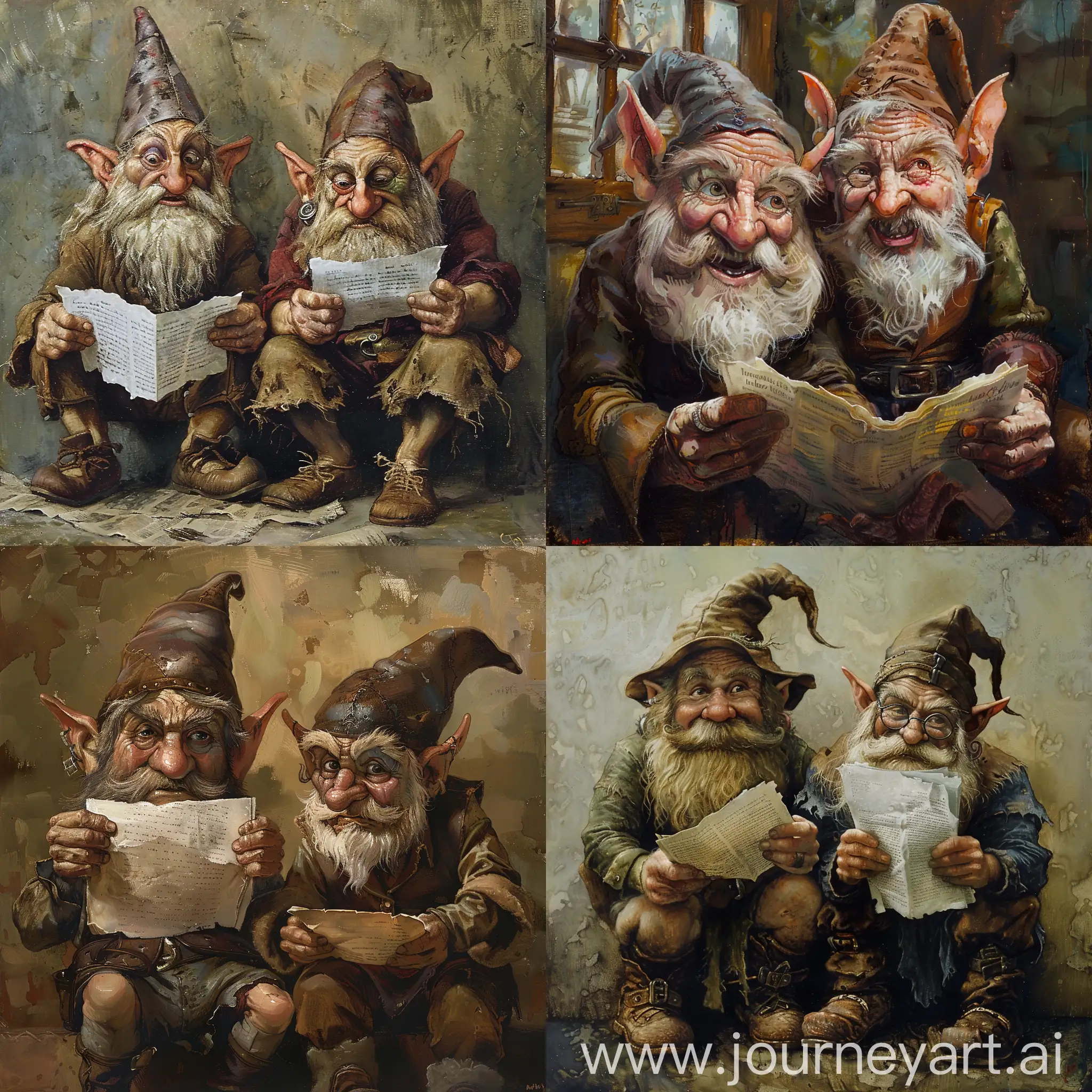 Dwarf and goblin, look at paper, indoors, reading