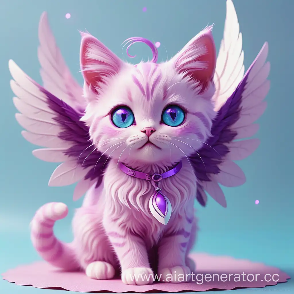 Милый кот розово голубого цвета , фиолетовые глаза , маленькие крылья , подарок , день рождение