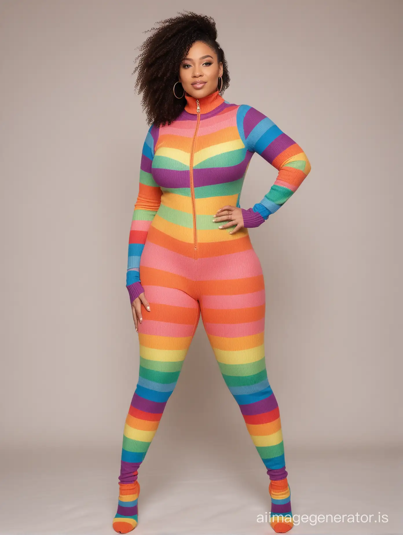 curvy woman full body "extra thick ribbed rainbow wool catsuit"