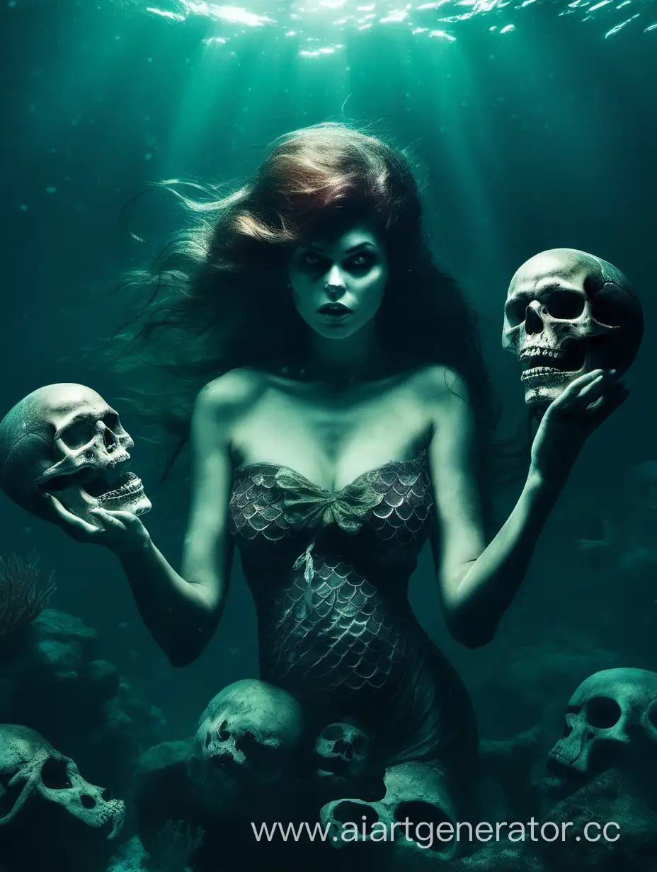 evil mermaid underwater with a skull in her hands 