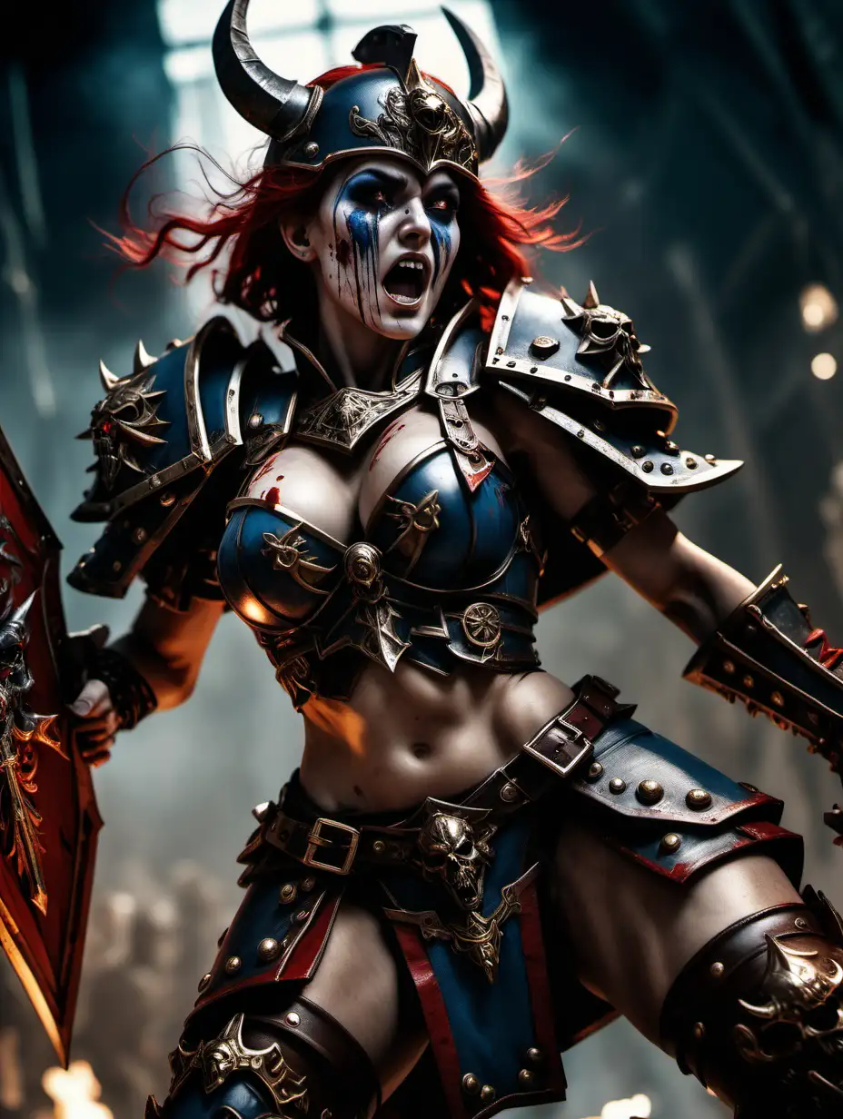 (cinematic lighting), in the world of Warhammer , 2 beautiful warrior women fighting for her life, fierce fight, blood on the body, warhammer outfit boots, intricate details, detailed face, detailed eyes, angle from below, hyper realistic photography